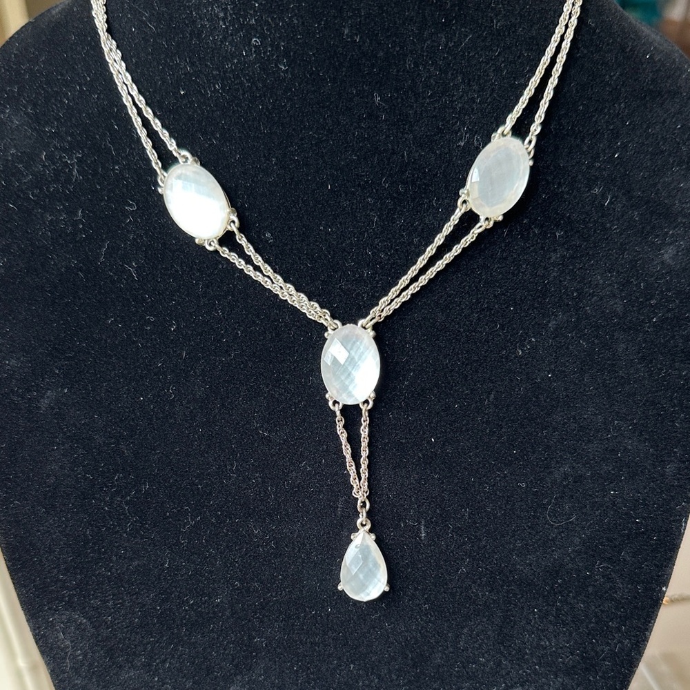 Silver Multi-Chain Y Necklace with White Opalescent Faceted Stones